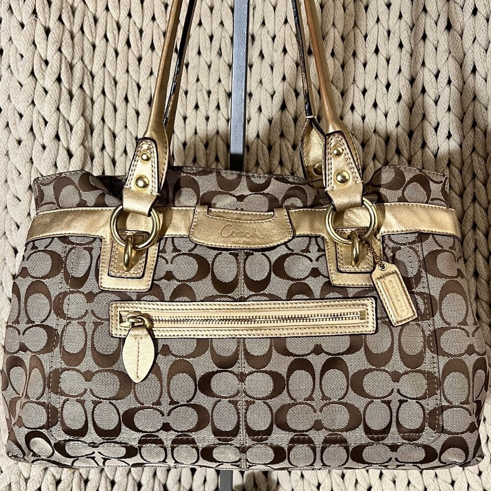 Coach Khaki Gold Metallic Penelope Signature Leather Bag